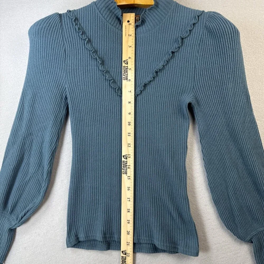 Free People Love Struck Ribbed Top XS Lettuce Trim Ruffle Victorian Teal Upscale